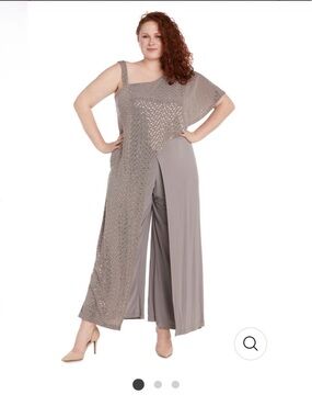 Plus Size Taupe One-Shoulder Jumpsuit with Draped Overlay Size 16
